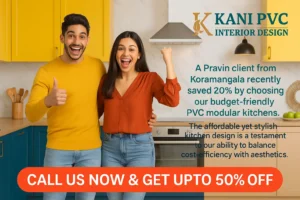 A Pravin client from Koramangala recently saved 20% by choosing our budget-friendly PVC modular kitchens. The affordable yet stylish kitchen design is a testament to our ability to balance cost-efficiency with aesthetics