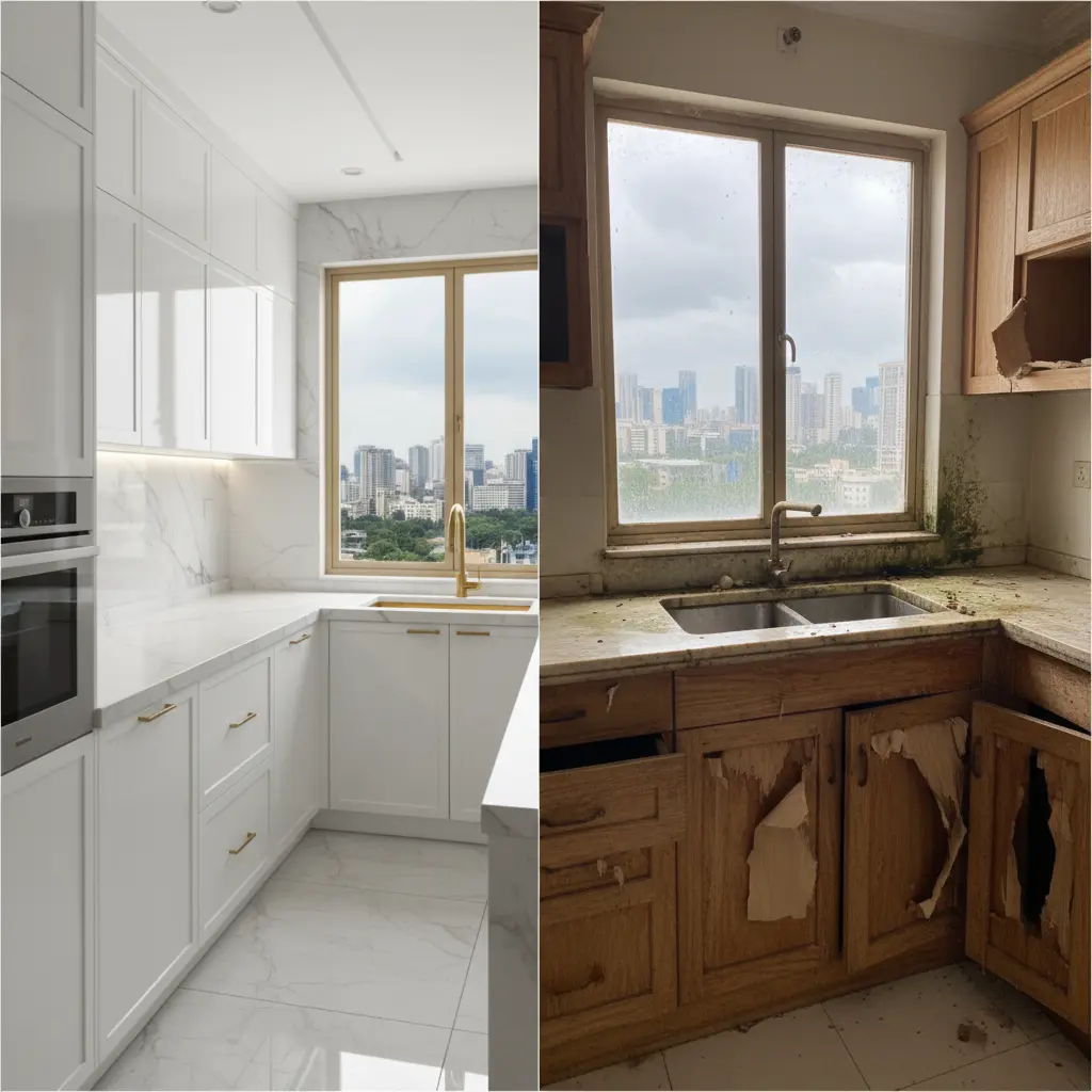 PVC vs wood interiors Bangalore comparison showing moisture damage