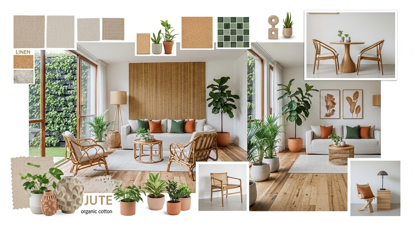 Modern Bangalore home exterior with greenery or eco-friendly interior design mood board with natural materials