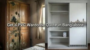 Before-and-after wardrobe in Bangalore: fungus-damaged wood vs moisture resistant PVC UPVC sliding wardrobe