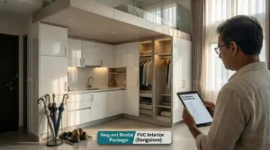 Bangalore rental home PVC interiors package showing waterproof kitchen cabinets and PVC wardrobe for low maintenance