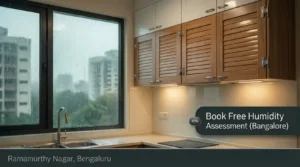 Humidity-proof PVC modular kitchen in Bangalore apartment during monsoon, waterproof cabinets near sink