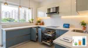 Modern modular kitchen in Bangalore with blue cabinets, white countertops, and smart storage