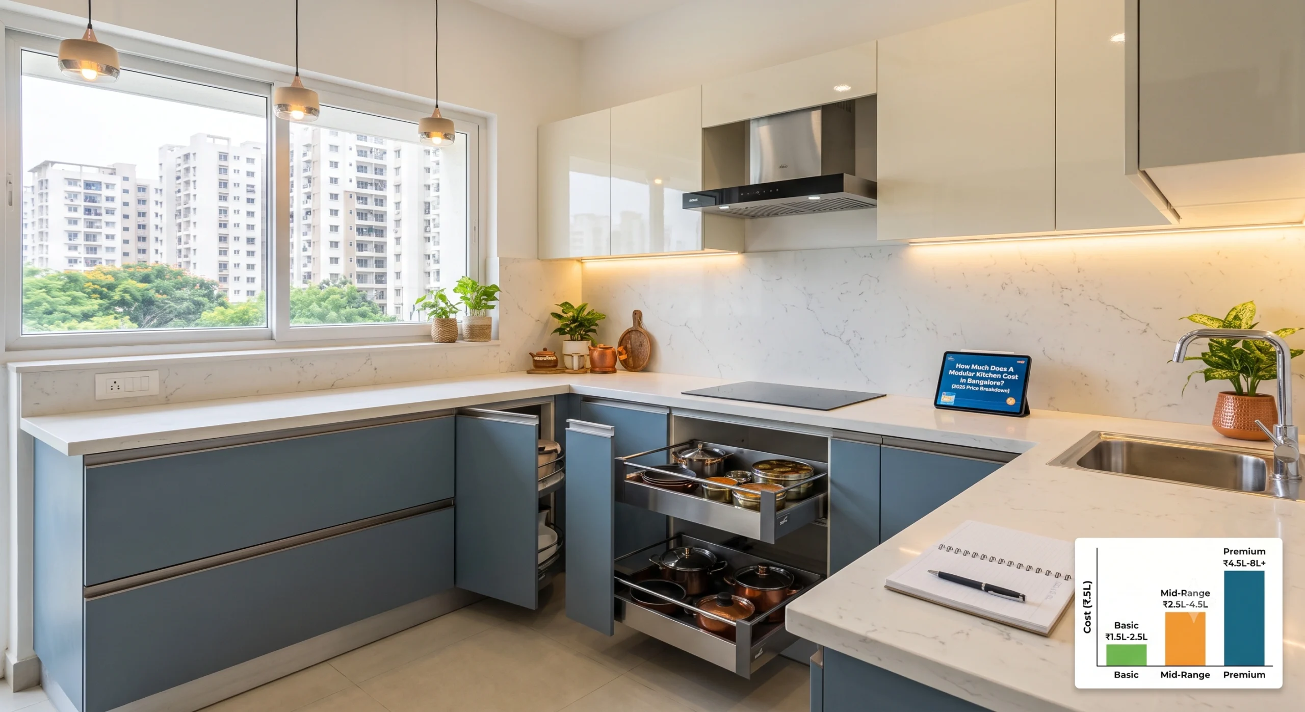Modern modular kitchen in Bangalore with blue cabinets, white countertops, and smart storage